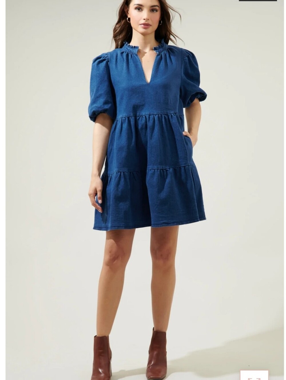 Sugarlips Women's Denim Blue Babydoll Mini Dress Puff Sleeve Size Medium